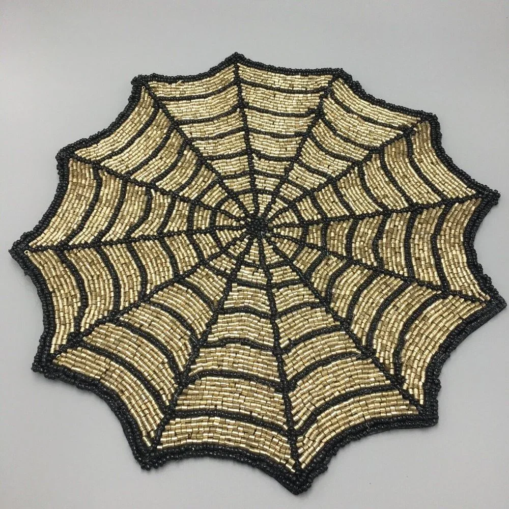 x4 Tahari Halloween Beaded Placemat Set Bat Pumpkin Spiderweb Spider Gold Black